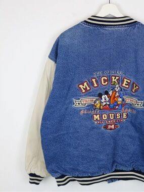 Vintage Disney Store 1990’s “Tried & True” Mickey Mouse Denim Varsity Jacket